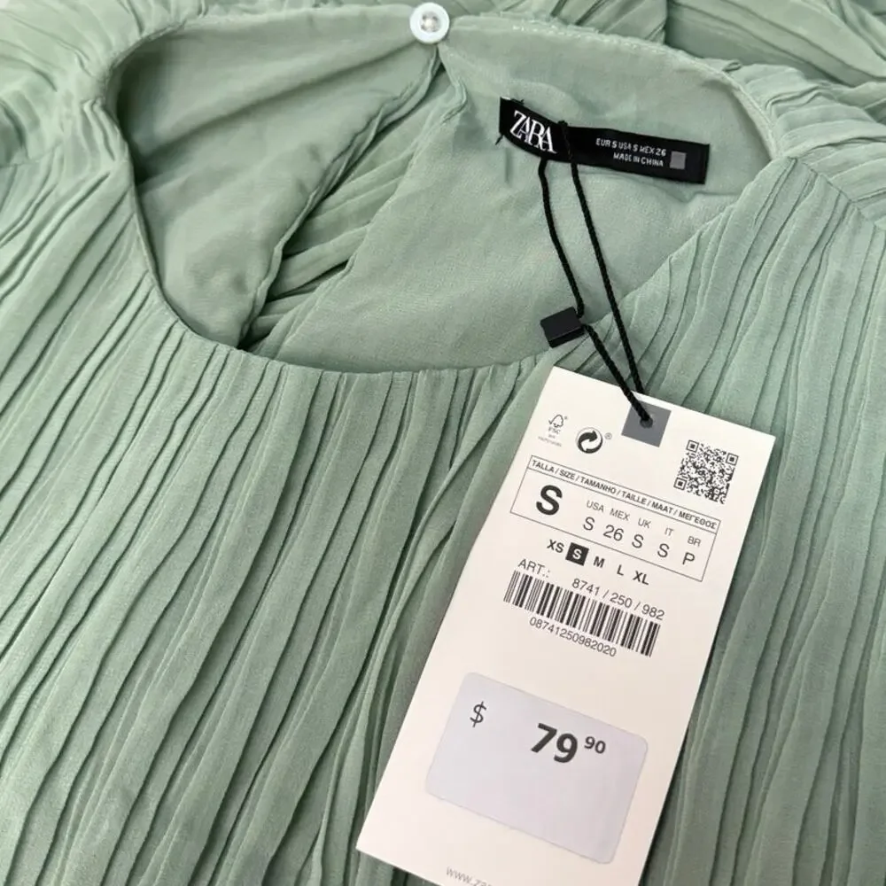 Zara Pleated Chiffon Midi Dress in Sea Green size Small NWT - Picture 3 of 6